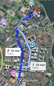 Google map of walking from Hotel Realm to the National Gallery of Australia